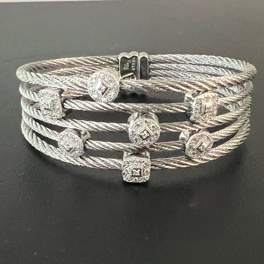 ALOR 18k 750 White Gold Diamonds Steel 5 Cable Bracelet  MSRP $2150 EUC